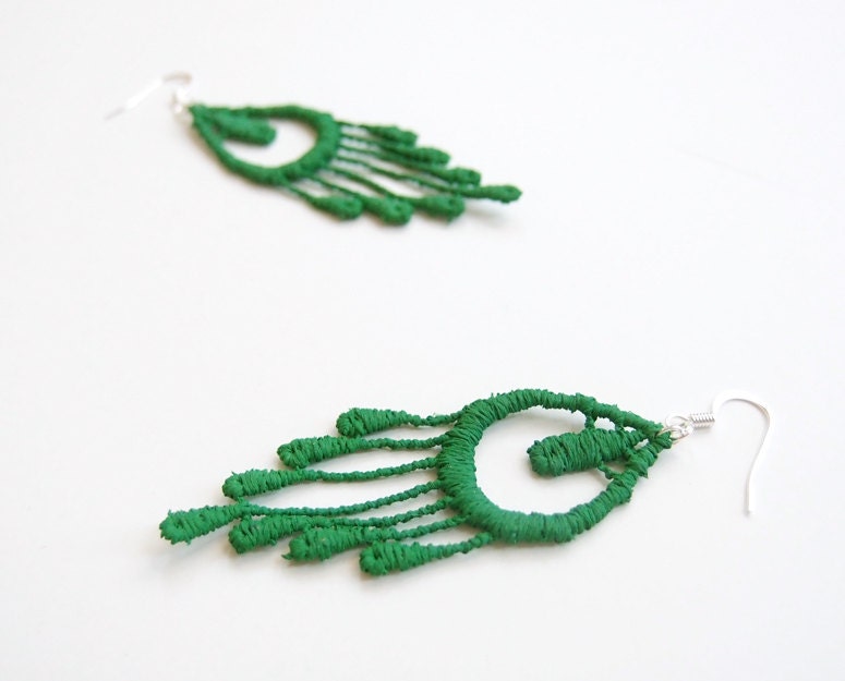 Green Feather Lace Earrings - Miu