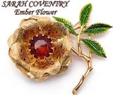 Vintage Sarah Coventry Brooch EMBER FLOWER Topaz Rhinestone & Green Enamel Leaves