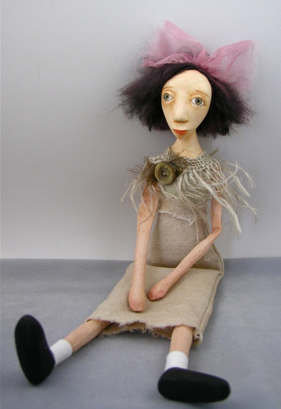 cloth and clay collectible folk art doll painted hand stitching Eugenia original sculpt