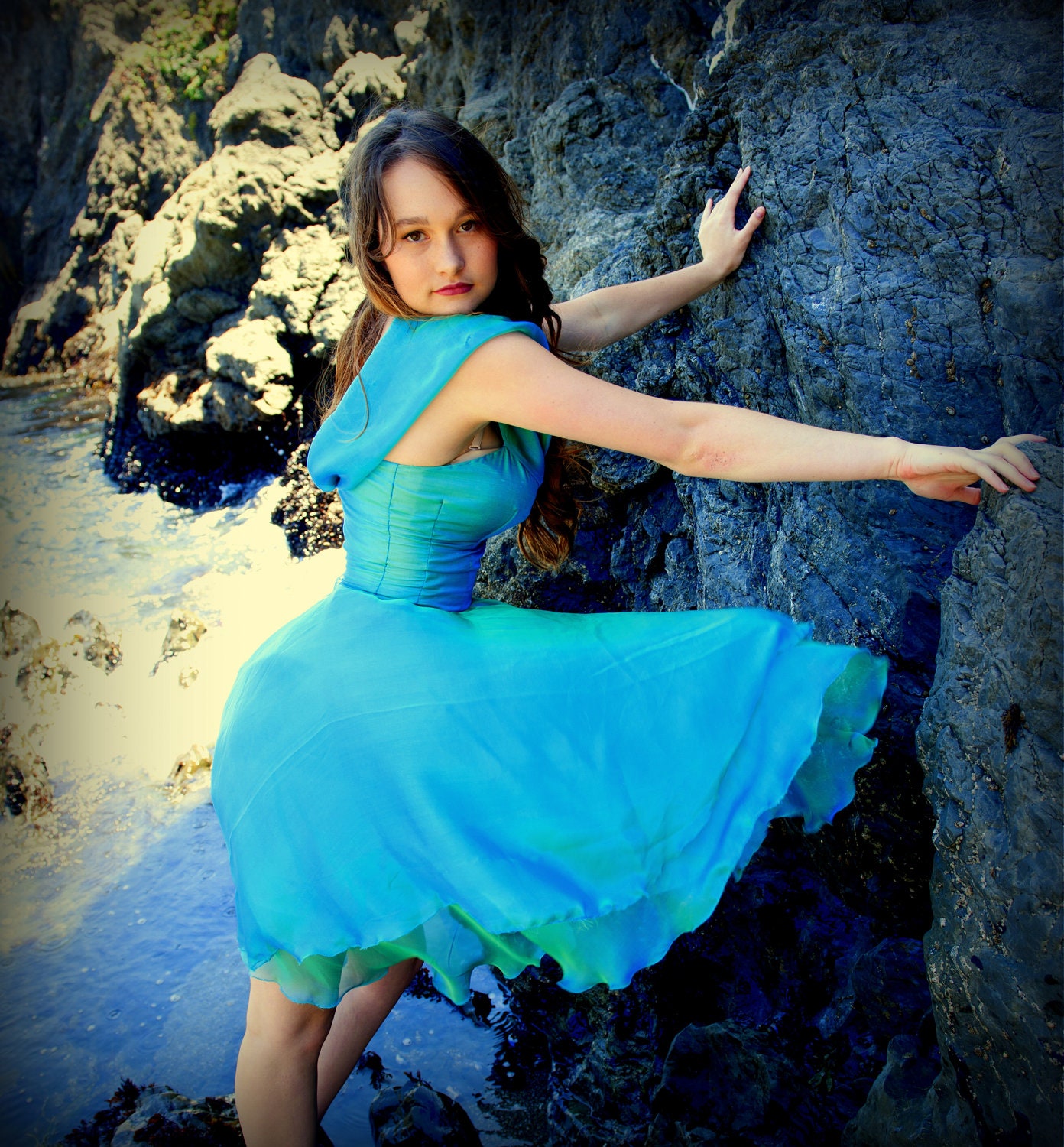 Sea Nymph Iridescent Aqua Silk Chiffon Cocktail Dress Custom Couture Wedding Gown