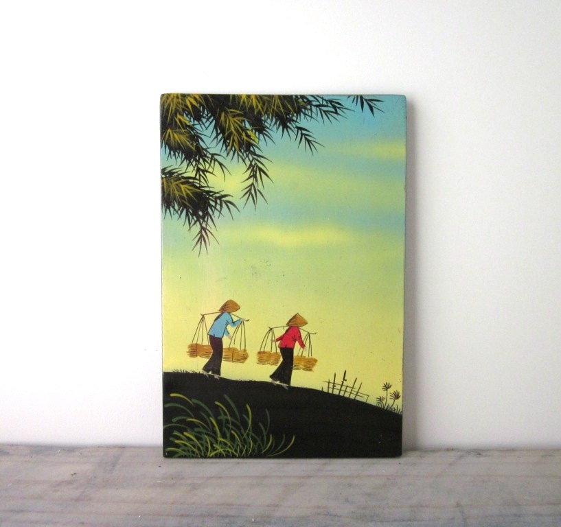 Asian Painted Wood Wall Hanging