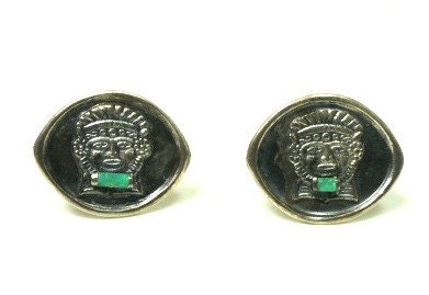 Vintage Silver Columbian Cufflinks with Raw Emerald, Vintage Jewelry, Men's Jewelry