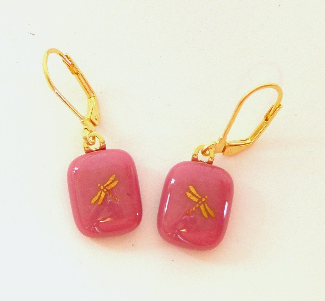 Gold Dragonfly Fused Glass Pendant Necklace and Earring Set Pink Glass