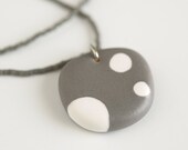 ceramic pendant and beaded necklace - dots in white and grey
