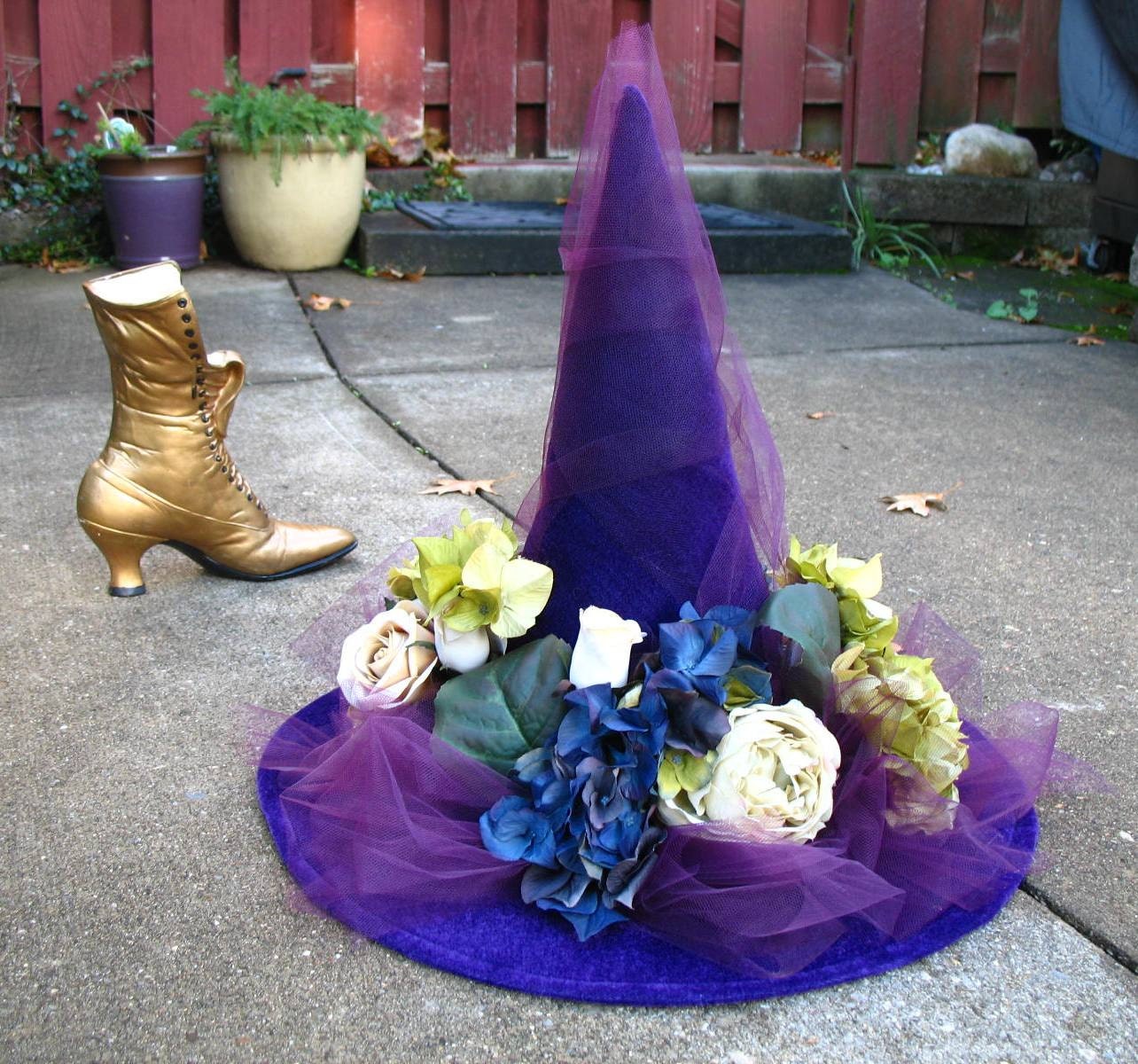 Victorian Witches Hat in Purple with Hydrangeas and Cabbage Roses Wrapped in Tulle Halloween  Decoration by English Rose Designs