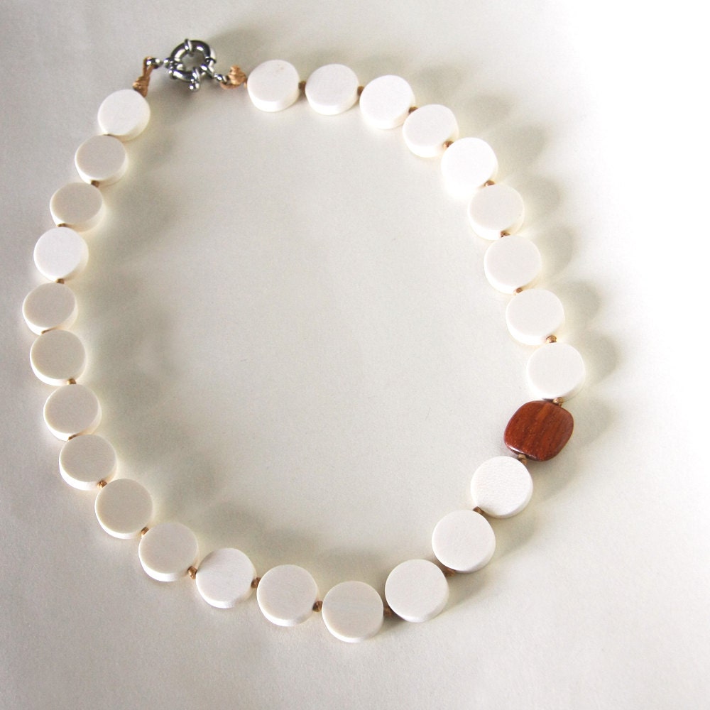 white coin-shape wood necklace - natural wooden jewelry