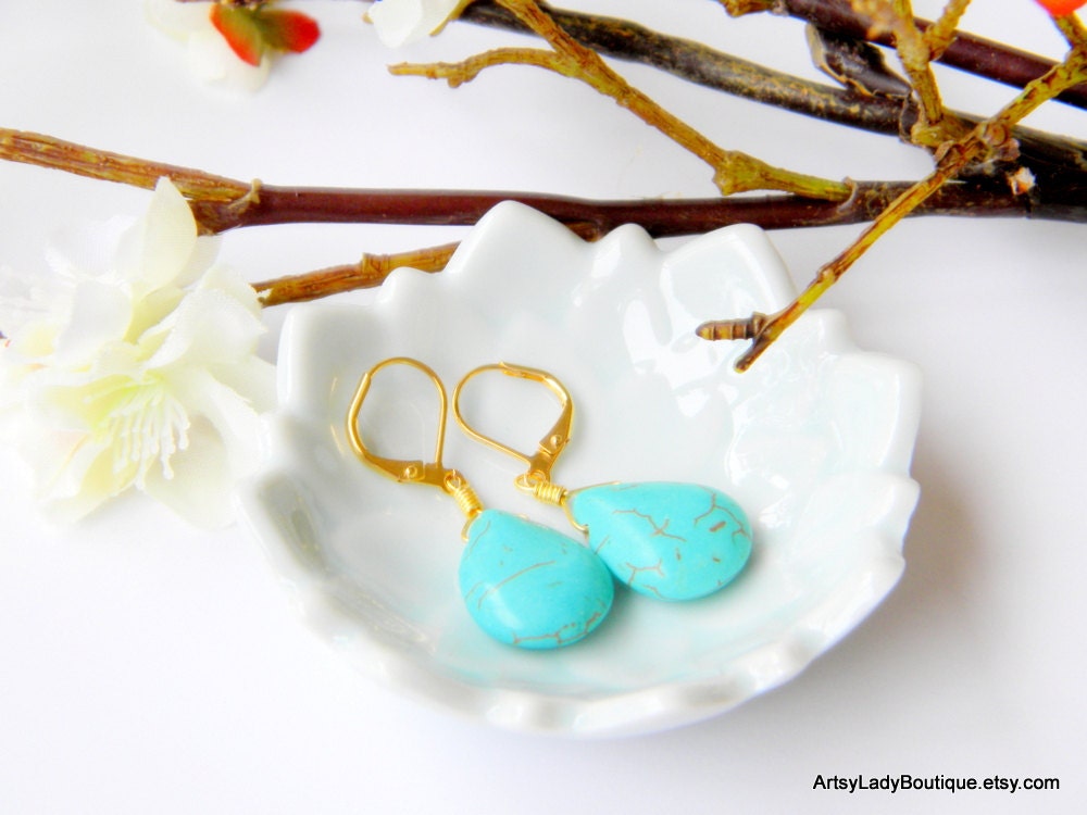 Turquoise Drop Earrings wire-wrapped in gold