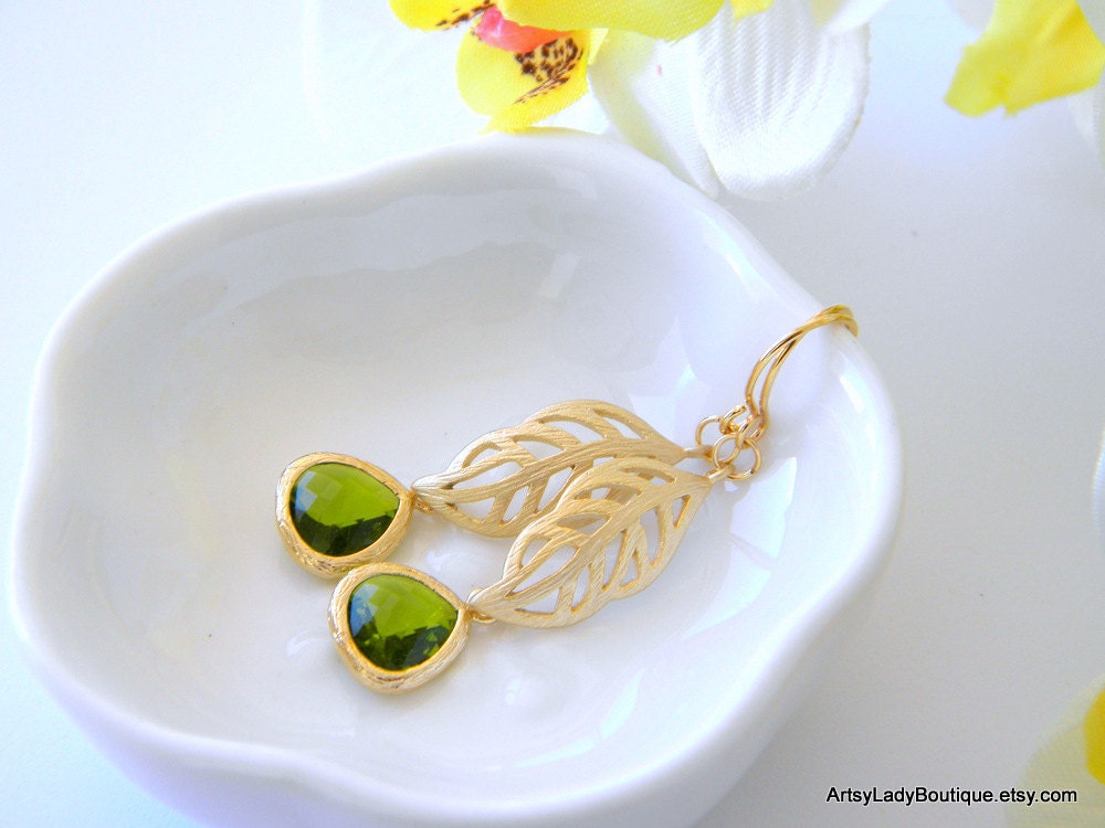 Caramel apples - green drop earrings with gold leaf detail findings - gold filled