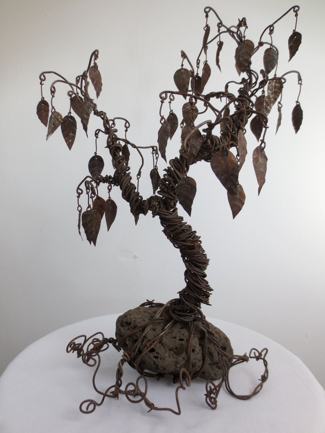 Twisted Barbed Wire Tree Sculpture with Rusty Metal Leaves Reclaimed Art