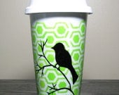 Ceramic Travel Coffee Mug with Lid Black Bird Lime Green Personalized