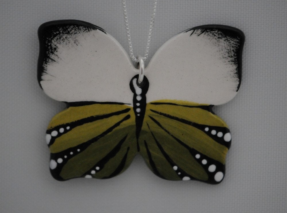 White and Avocado Butterfly Handmade Ceramic OOAK Handpainted 18 Inch Sterling Silver Chain included