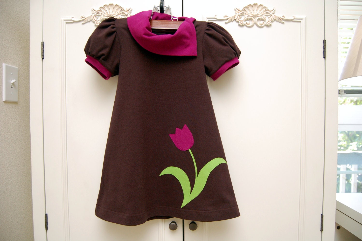 4T toddler dress, chocolate brown with magenta and lime green tulip applique, Ready to Ship, childrens clothing, fall dress