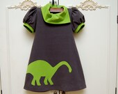 Dinosaur Dress, gray and green,  apatosaurus applique, Charcoal Gray, Lime Green,  childrens clothing, 2T, 3T, 4T, 5, 6, 7, 8, 10