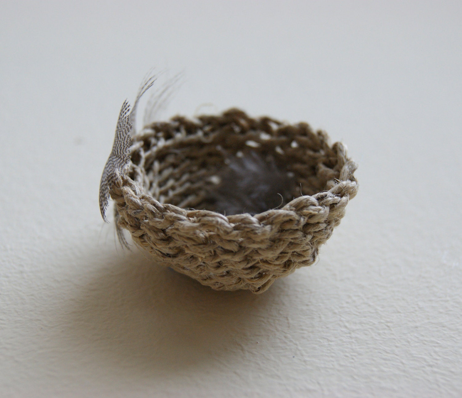 Handmade Miniature Birds Nest, hand crochet nesting basket with natural feathers, 100% Hemp