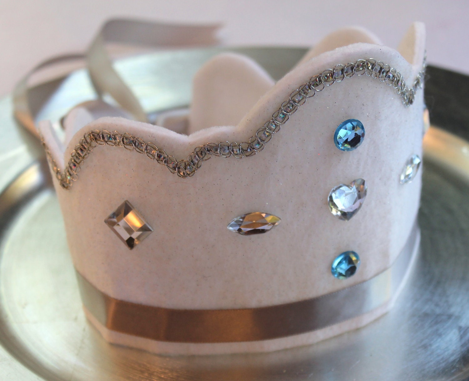 cinderella inspired glittery white redux felt crown with silver satin adjustable ribbon tie and lots of bling.  party, play, pretend.