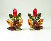Vintage Amber Topaz Green Orange Rhinestone Earrings