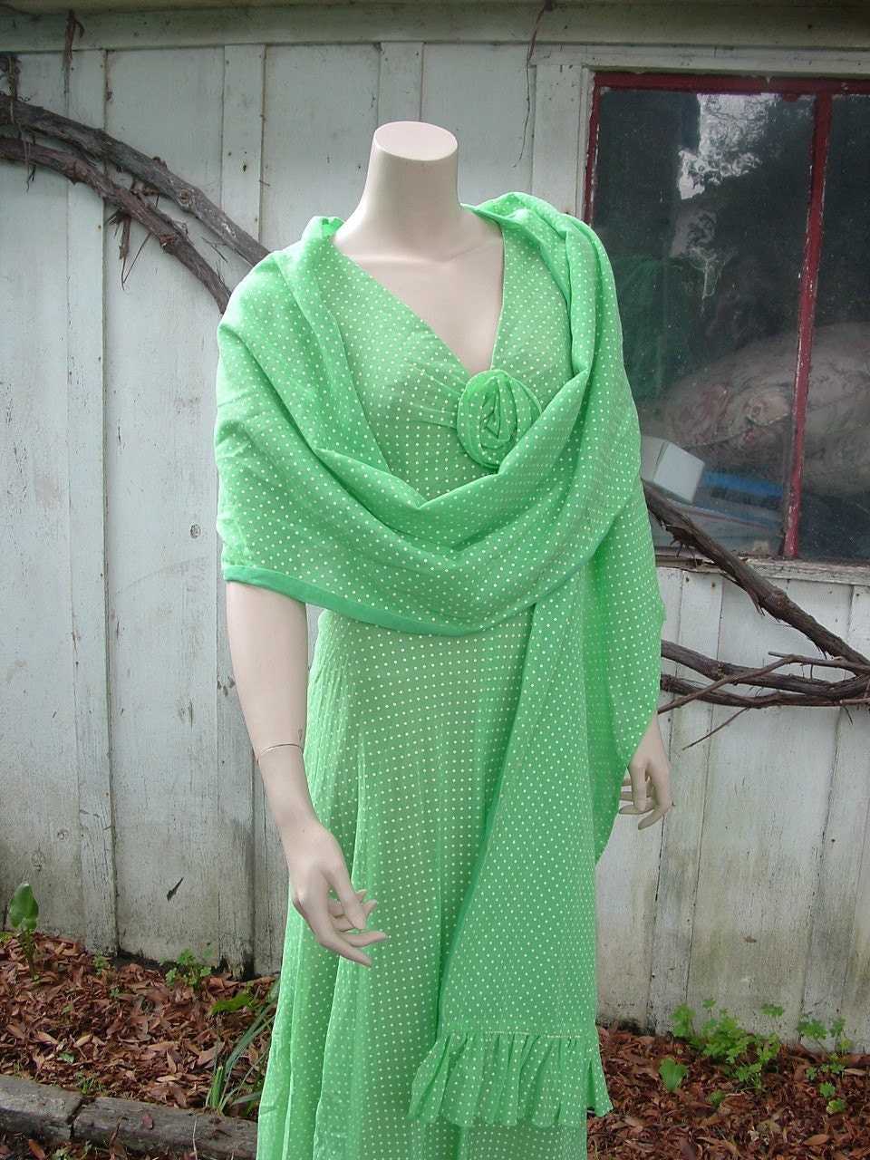 Vintage 60s   Maxi Dress Spring Green and White Polka Dot by Miss Elliette