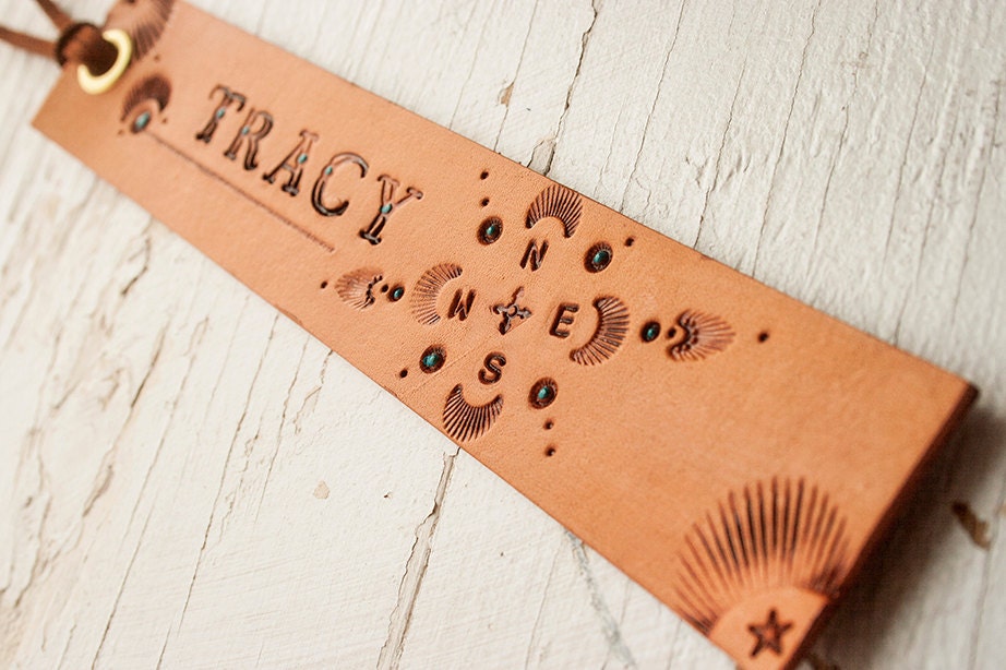 Leather bookmark - Compass Rose - Custom Name stamped, tooled, stained with turquoise