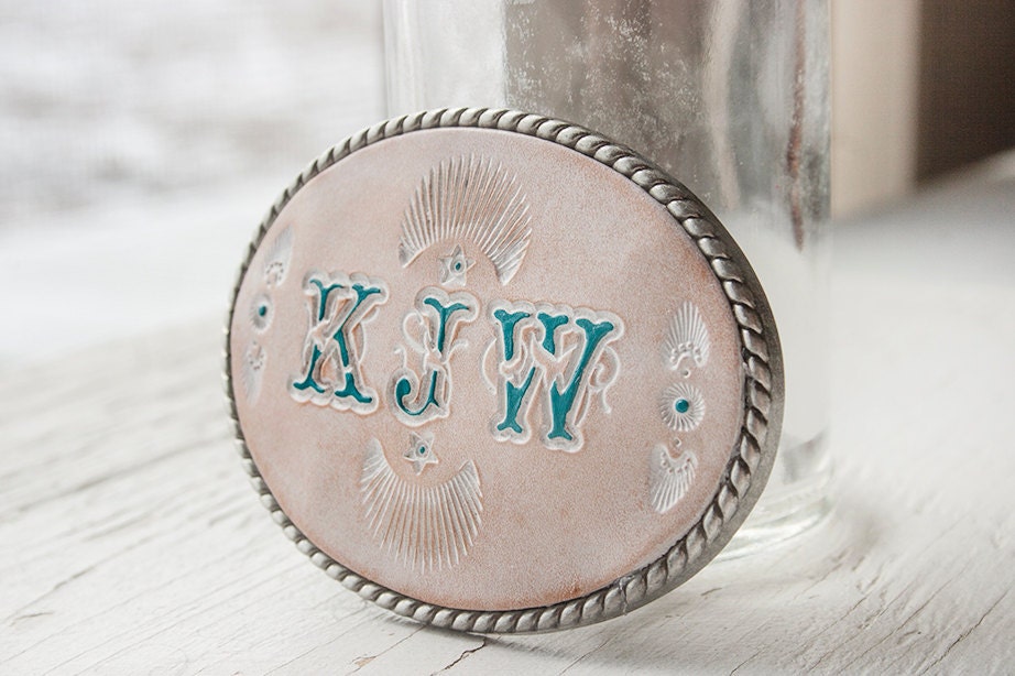 White Leather Belt Buckle - Feminine, hand tooled and customized - OVAL Buckle in silver and white, Bridal Bridesmaids