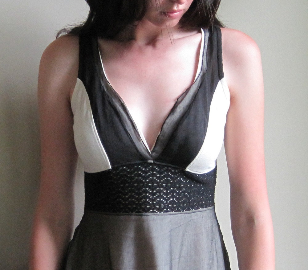 Bohemian lace dress - deep v-neck and racerback cut, night black silk chiffon and neutral ivory jersey  - small