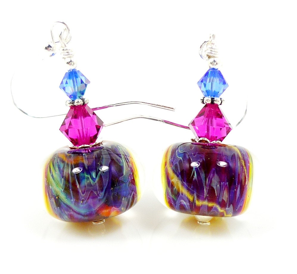 Hot Pink Blue Earrings, Boro Earrings, Lampwork Earrings, Glass Earrings, Glass Bead Earrings, Beadwork Earrings
