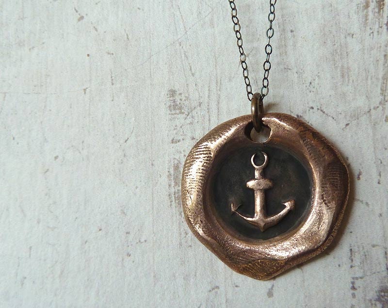 Anchor. Nautical Bronze Wax Seal Pendant Necklace. Eco-friendly Bronze Wax Seal Jewelry. Sterling Silver Chain