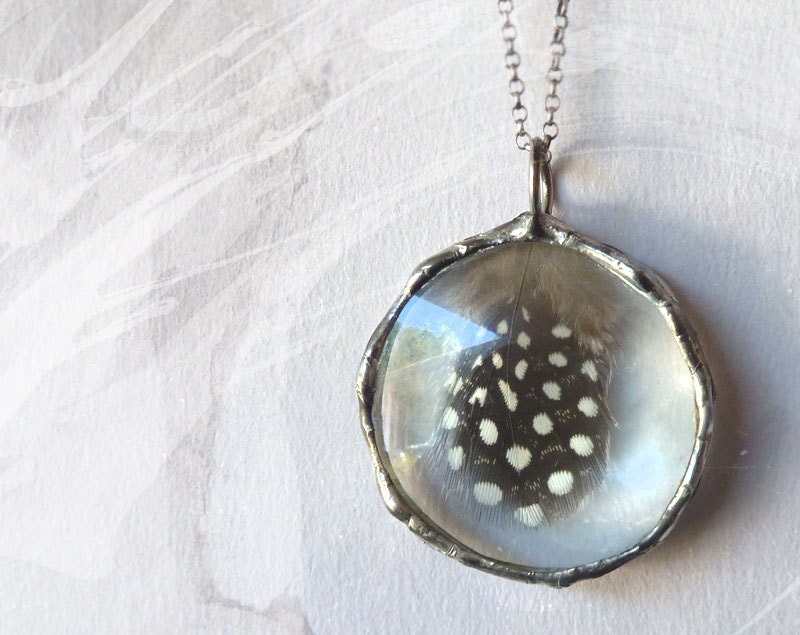 Spirit. Feather Necklace Sterling Silver Chain. Black and White Round Medium Glass. Boho Feather Jewelry