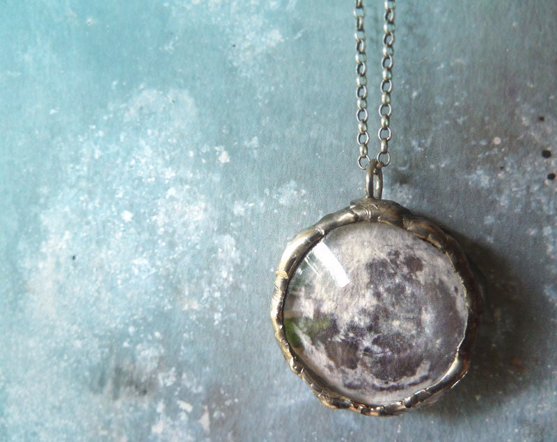 Full Moon Necklace. Oxidized Sterling Silver Chain. Double Sided Small Glass Lens. Moon Jewelry