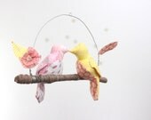Star Kissed Love Birds Mobile - modern nursery decor in blush pink, baby yellow, white, and silver gray.