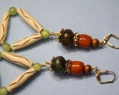 3" 3/4 L Triangle dangle earring, Jade stones, Coffee Agate stones,  bone, wood