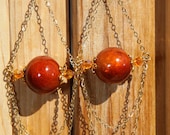 6" 1/4 L dZi, agate stone bead, rust color wood, gold chain, dangle, shoulder length, earrings