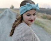 Knit Headband. Knit Earwarmer. Blue Headband. Blue Earwarmer. Big Bow Headband. Vintage Headband. Retro Headband. Made to Order.