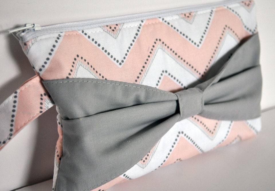 Chevron Bow Clutch in Pink and Grey Bridesmaids Gift Bridal Gift Preppy Pink Chevron
