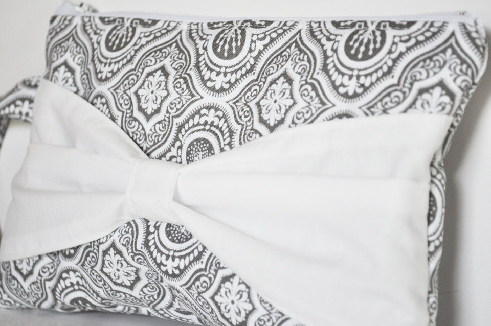 Bridal Clutch Bow Clutch in Grey and White Bridesmaids Gift Bridal Gift
