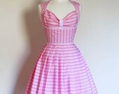Size UK 14 (US 12) - Pink, Red and White Striped Cotton Heidi Prom Dress - Made by Dig For Victory