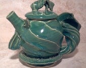 teapot forest green hand made craft ceramics bird fish made in Michigan