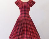 1950s Tartan Plaid Dress / Vintage 50s Red Green Tartan Plaid Accordion Pleated Full Skirted Dress, Drop Waist