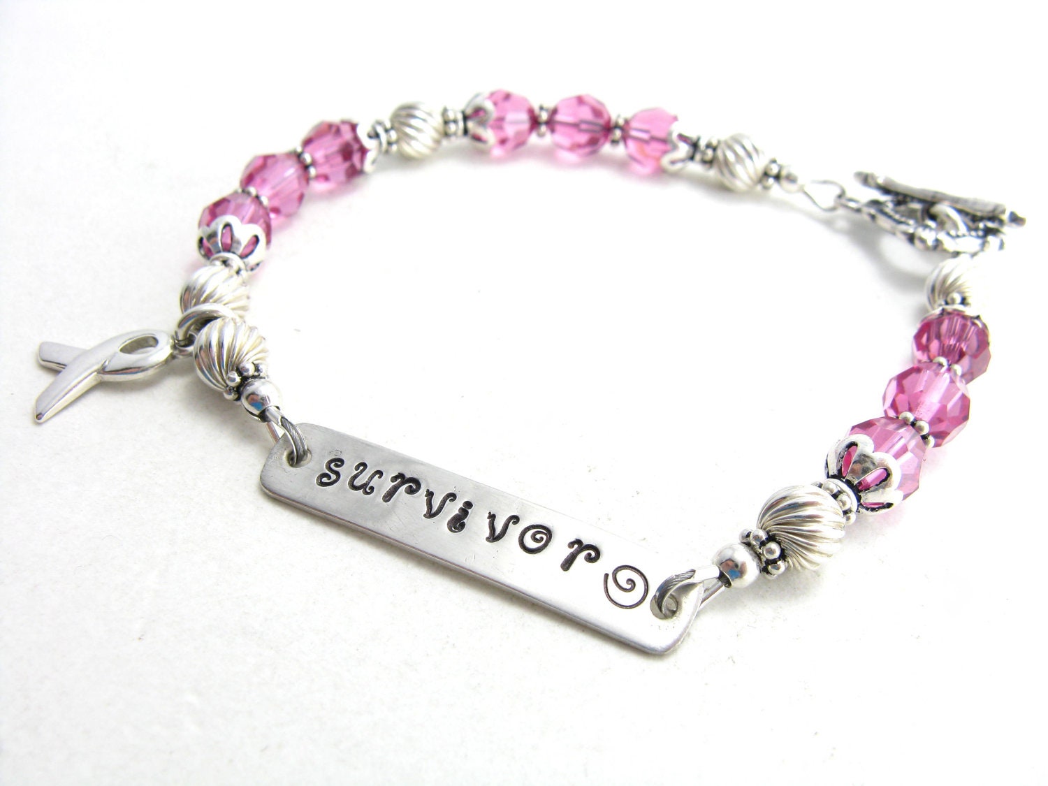 Survivor Handstamped Pink Crystal Breast Cancer Awareness Bracelet Sterling Silver