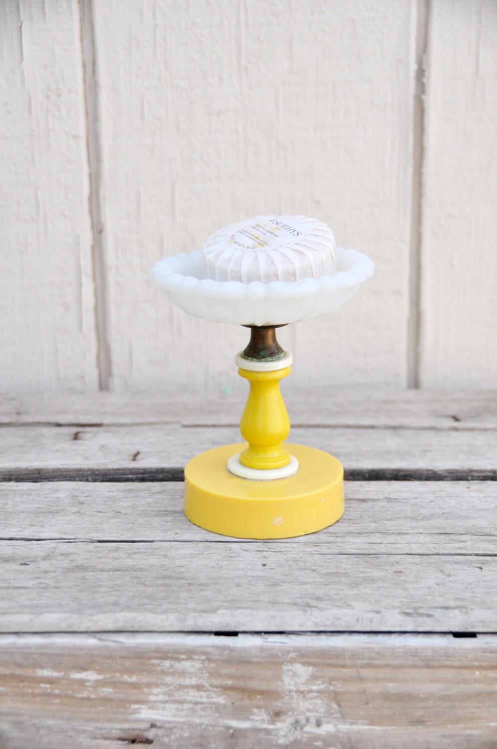 Shabby Chic Yellow and White Pedestal Soap Dish