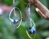 Origami Crane in Hoop Earrings - Bright Blue with Gold and Red Waves