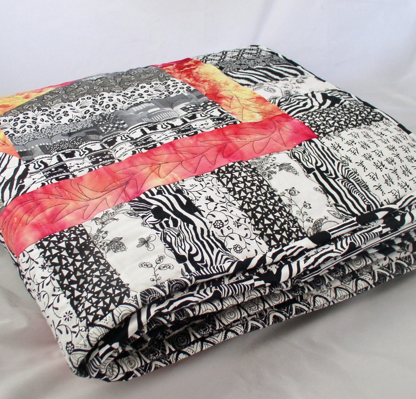 OOAK Hand Dyed Oranges, Reds and Yellows with Black and White Prints Make a Great Quilt