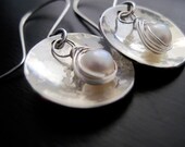 Sterling Silver Textured Domed Earrings, Wire Wrapped Freshwater Pearls