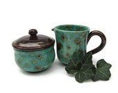 Hand Painted Creamer and Sugar Bowl - Blue and Brown