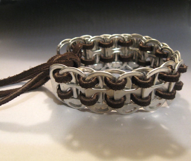 Recycled Soda Pop Can Tab Bracelet Leather Rawhide