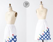 BLOWOUT SALE // 1960s skirt small / 60s white skirt blue grid pattern : Geometry
