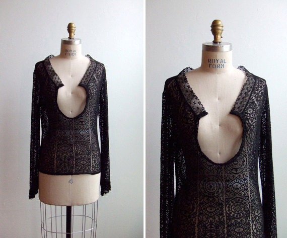 Vintage 1980s designer sheer black lace blouse with fringed detail at cuffs