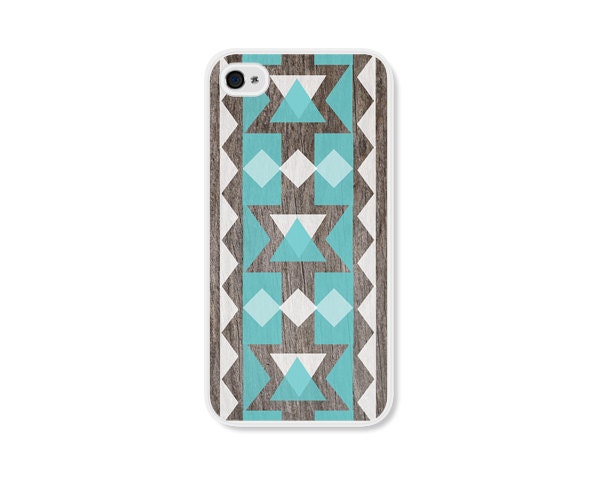 Geometric Apple iPhone 4 Case - Plastic iPhone 4s Case - Wood Tribal Southwest iPhone Case Skin - Turquoise Brown White Cell Phone For Him