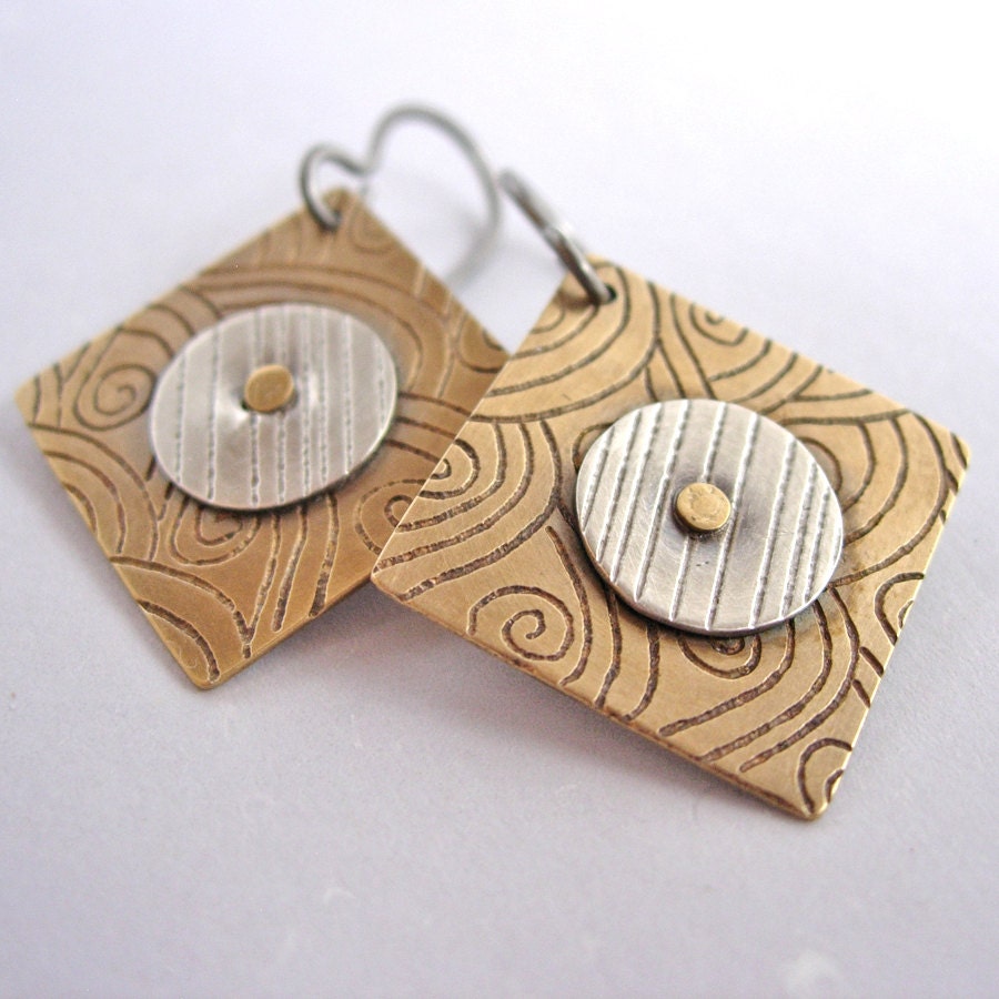 Square Etched Round Riveted Mixed Metal Earrings