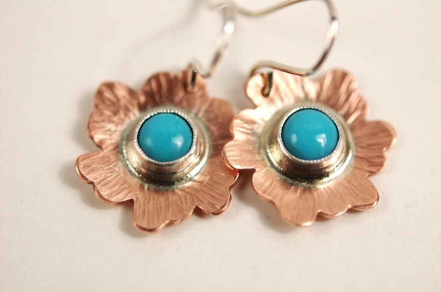 Cherry Blossom Earrings in Copper, Sterling Silver & Turquoise - delicate, sweet, dainty