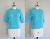 vintage 1960s knit blouse / 60s turquoise blue wool knit top / Little Bird
